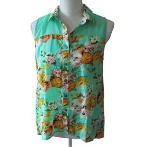 Pearl Women's Green Floral Print Sleeveless Button Front Blouse Size Medium